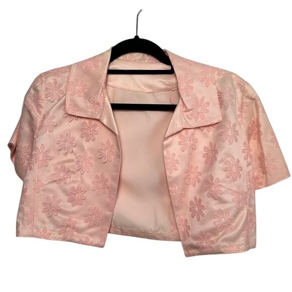 Vintage 50s Pink Satin Dress Bolero Set L Floral Brocade Cocktail Party Formal - Picture 8 of 16